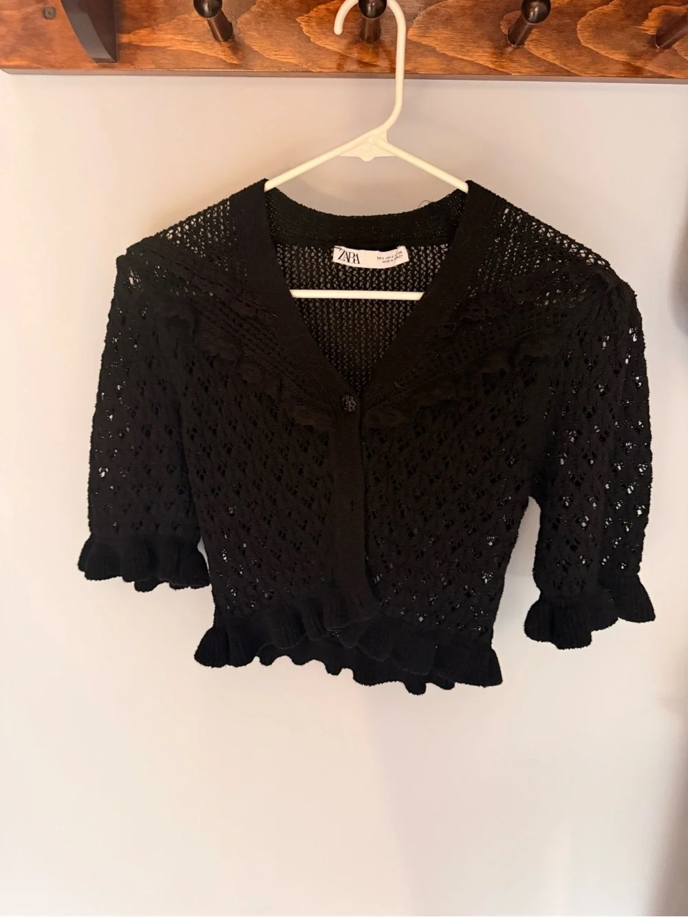 Zara Black Open-Knit Cropped Cardigan with Ruffle Trim